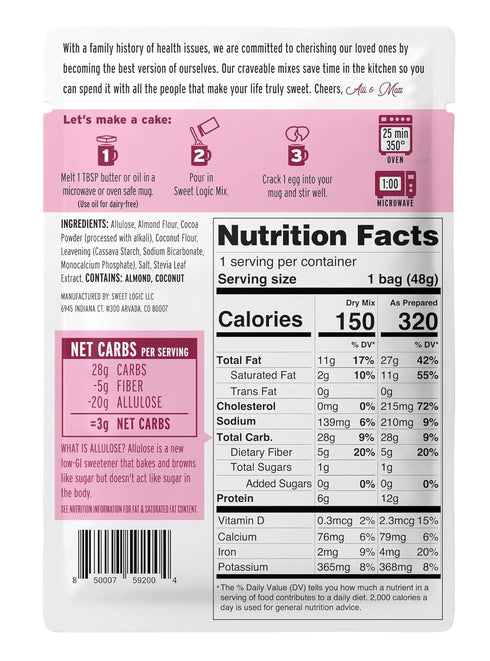 Sweet Logic Keto Dessert Mug Cake Mixes - Triple Chocolate Fudge, Low Sugar, Gluten-Free, 4 Pack