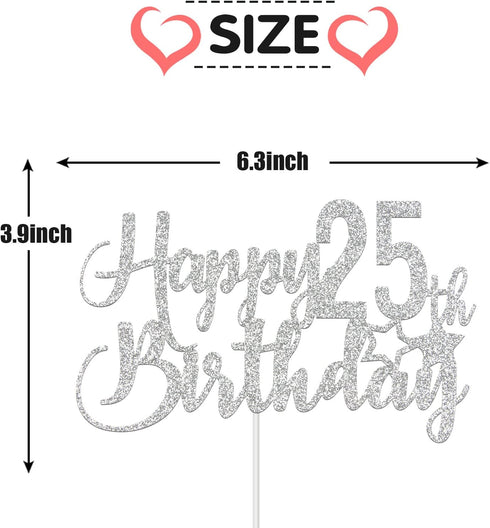 Silver Glitter Happy 25th Birthday Cake Topper, 25th Birthday Party Decoration