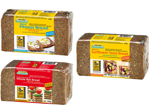 Mestemacher Whole Grain Bread (Fitness, Whole Rye, Sunflower Seed, variety pack of