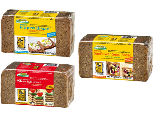 Mestemacher Whole Grain Bread (Fitness, Whole Rye, Sunflower Seed, variety pack of
