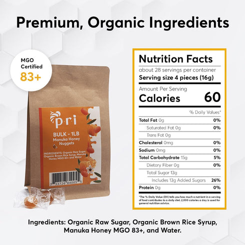1 lb P.R.I Manuka Honey Nuggets Bulk Bag, Natural Honey Hard Candy, Individually Wrapped, No Corn Syrup, Gluten Free