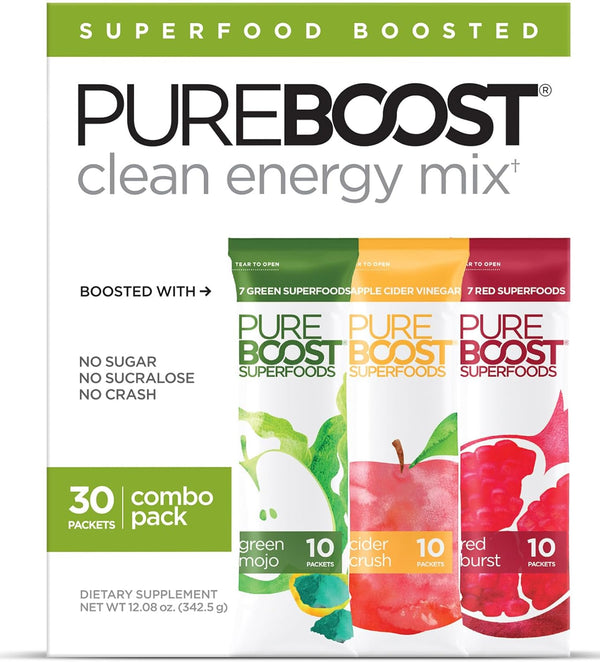 Pureboost Sugar-Free Superfoods Clean Energy Booster, Combo Pack 30 Count, Energy Drink