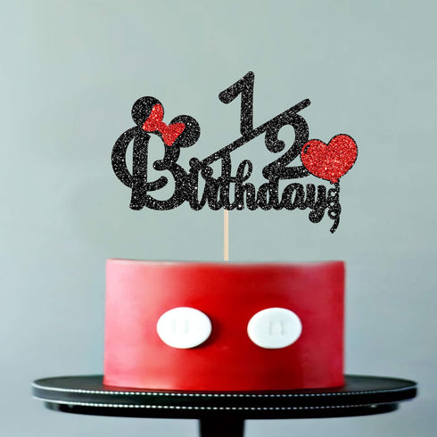 Happy 1/2 Birthday Cake Topper - Black and Red Glitter Mouse Theme Baby Shower Sign for 6 Months Birthday Party
