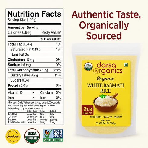 (2lb) Darsa Organics White Basmati Rice - USDA Organic Long Grain White Rice from India - Premium Aromatic & Fluffy