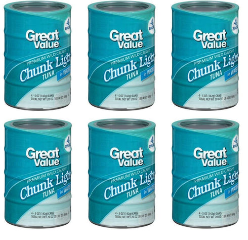 Great Value Chunk Light Tuna in Water, 5 oz, 4 Count (Pack of 6)