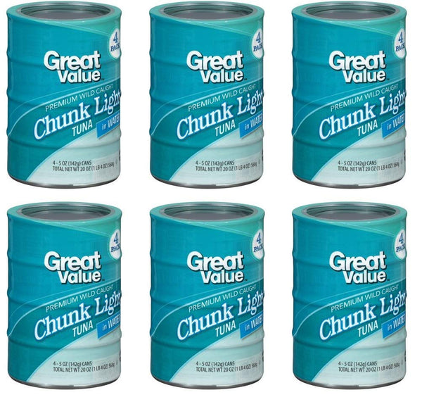 Great Value Chunk Light Tuna in Water, 5 oz, 4 Count (Pack of 6)
