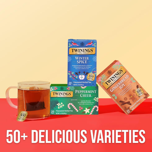 20 Count (Pack 1), 20 Twinings Peppermint Cheer Herbal Tea Individually Wrapped Bags, of Peppermint & Vanilla