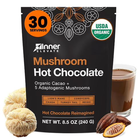 Inner Elevate Organic Mushroom Hot Chocolate - Ceremonial Cacao with 5 Adaptogenic