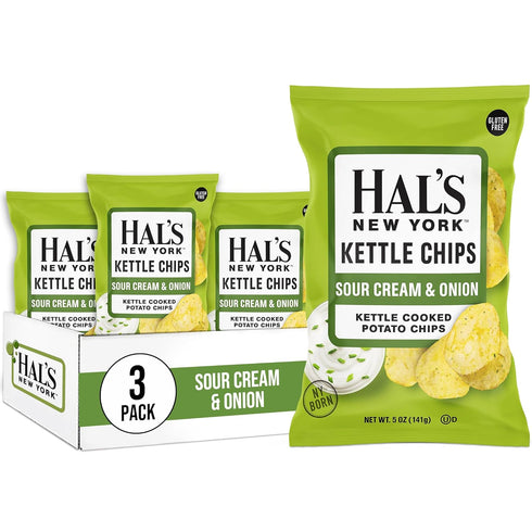 Hal's New York Kettle Cooked Potato Chips, Sour Cream & Onion, 5 Oz (Pack of