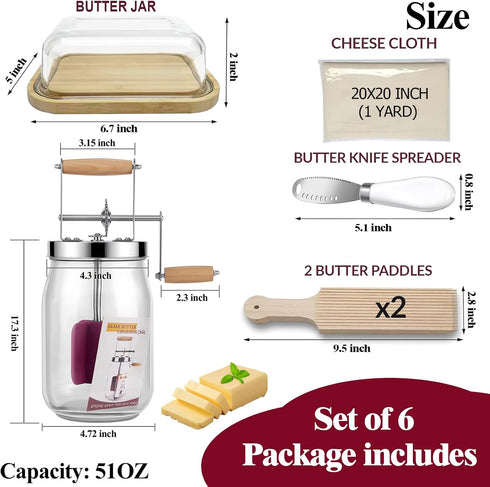 (51 OZ) Retro Manual Butter Churn Kit - Wooden Hand-Crank Butter Maker with Glass Jar, Perfect for Fresh Cream, Keto