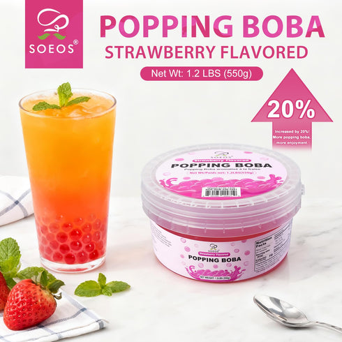 550g Frozen Soeos Strawberry Popping Boba, Bursting Boba Pearls for Bubble Tea, Yogurt, Desserts & Drinks
