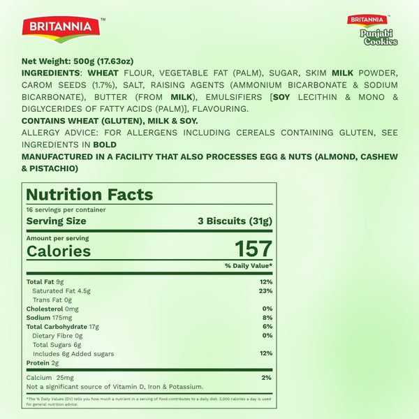 500g 17.63oz (Pack 1) Britannia Punjabi Ajwain Cookies | Savory Carom Seed Indian Biscuits | Crunchy Eggless Vegetarian