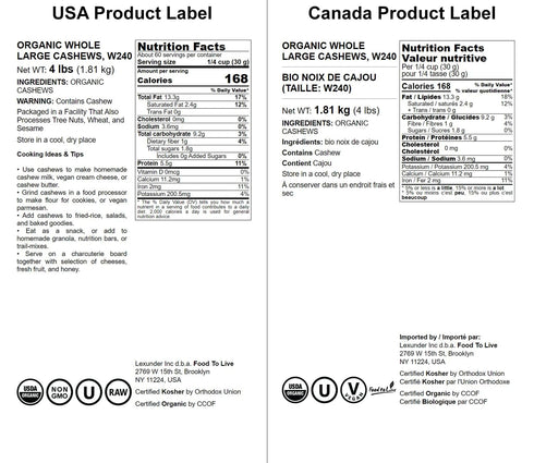 4 W-240, Food to Live Organic Cashews, Pounds Whole, Size Unsalted, Non-GMO, Kosher, Raw, Vegan, Bulk