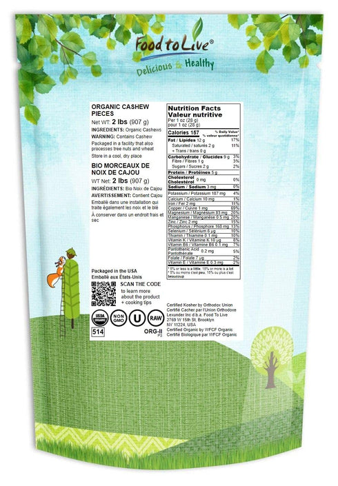 2 Food to Live Organic Cashew Pieces, Pounds Non-GMO, Kosher, Vegan, Unsalted, Unroasted, Bulk