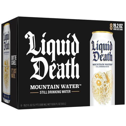 8-Pack (19.2oz Liquid Death, Still Mountain Water, Cans), Real Mountain Source, Infinitely Recyclable Ice-Cold Cans
