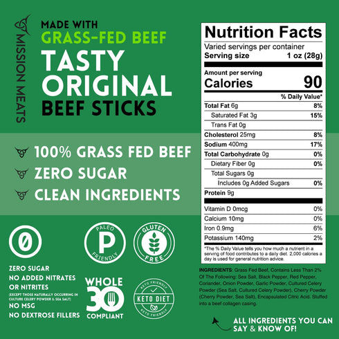 100% 1oz (Pack 24) Mission Meats Beef Sticks Grass Fed Beef, Zero Sugar, Healthy Snacks, Individually Wrapped, Gluten