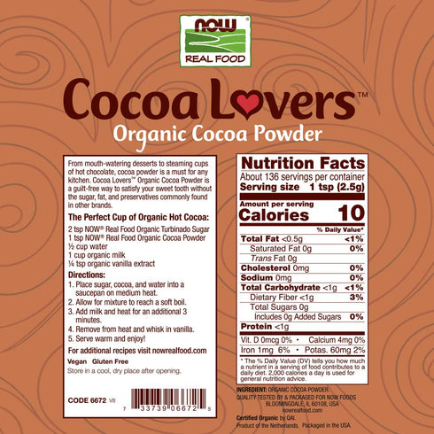 Unsweetened-12 oz NOW Foods Organic Cocoa Powder