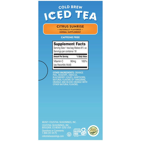 18 (Pack 6) Celestial Seasonings Cold Brew Iced Tea, Citrus Sunrise, Caffeine Free, tea bags