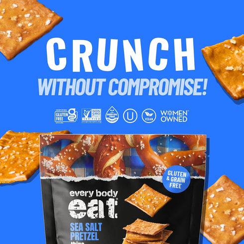 (Pack 6), 4 oz Every Body Eat Gluten Free Pretzels, Sea Salt Pretzel Thins Grain Free, Vegan Snacks, Dairy Free, Seed
