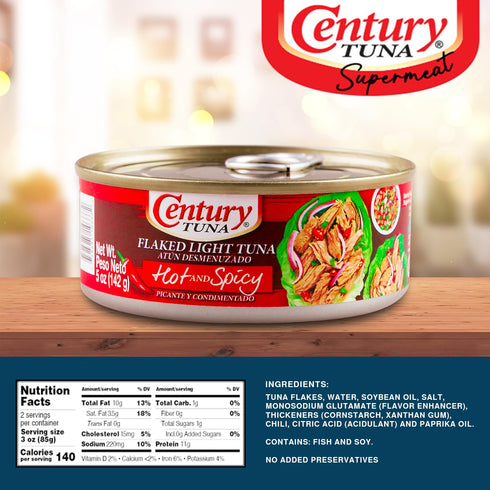 3 5 oz (Pack 6) Century Tuna Hot & Spicy Flaked Light Tuna in Oil | High in Protein and Rich in Omega DHA Canned Tuna