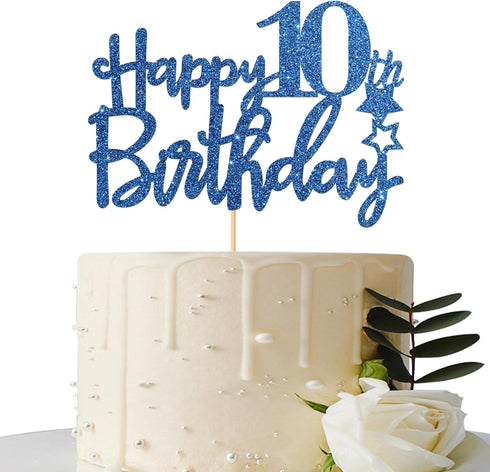 Royal Blue Glitter Happy 10th Birthday Cake Topper, Cheers to 10 Years Party Supplies