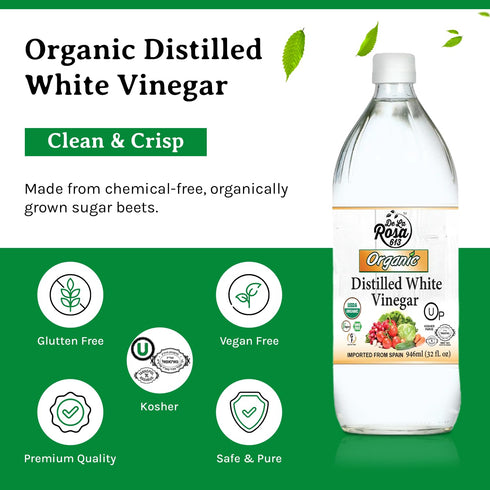32 Oz (Pack 2) De La Rosa Organic Distilled White Vinegar, White Vinegar Raw & Unfiltered, Kosher for Passover, Vegan