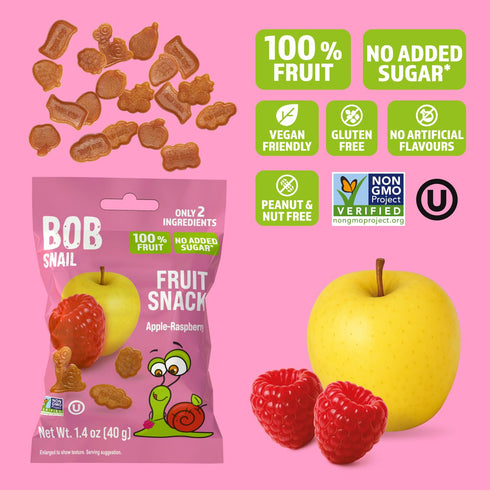 Gummy 12-Pack (480g), Bob Snail Fruit Bites Apple Raspberry flavor, Real Fruit Snacks with No Added Sugar, Vegan