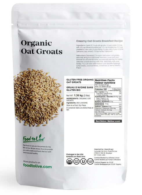3 100% Food to Live Gluten Free Organic Oat Groats, Pounds Whole Grain, Non-GMO Seeds, Raw, Non-Irradiated, Vegan, Bulk