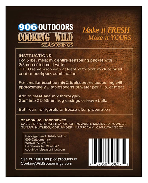 Cooking Wild Seasonings 5 3.5 Packet Bratwurst Fresh Sausage Seasoning, Seasons up to pounds of Wild Game or Domestic