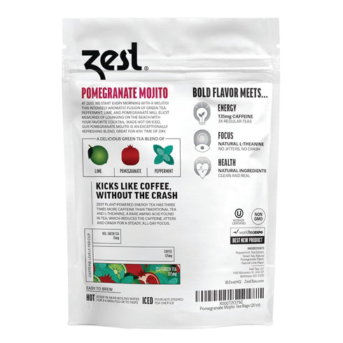 Zest High Caffeine Energy Leaf Blend - Pomegranate Mojito Green Tea - 135mg - 20 Pack Bag - All Natural Coffee