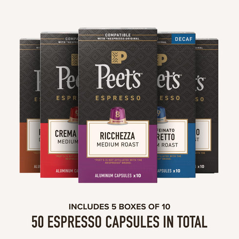 Pack 8-11, 50 Count (5 10 Peet's Coffee, Dark and Medium Roast Espresso Capsules Variety with Decaf, Compatible