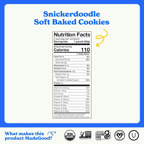 MadeGood Snickerdoodle Soft Baked Cookies, Organic Snacks, 0.85oz Each