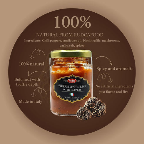 100% 2.82 oz (80g) Rudca Food Spicy Truffle Spread with Chili Peppers, Garlic, Mushrooms Natural Italian Gourmet Sauce