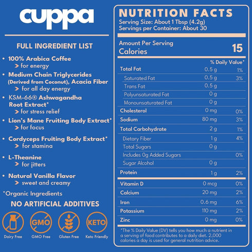 (6 Cuppa French Vanilla Coffee - Great tasting medium roast with mushrooms, adaptogens & superfoods - Lion's Mane