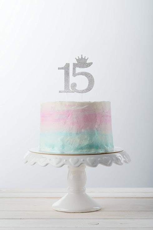Number 15 Quinceanera Rhinestone Princess Crown Monogram Cake Topper for Sweet 15th Birthday Party (Silver)