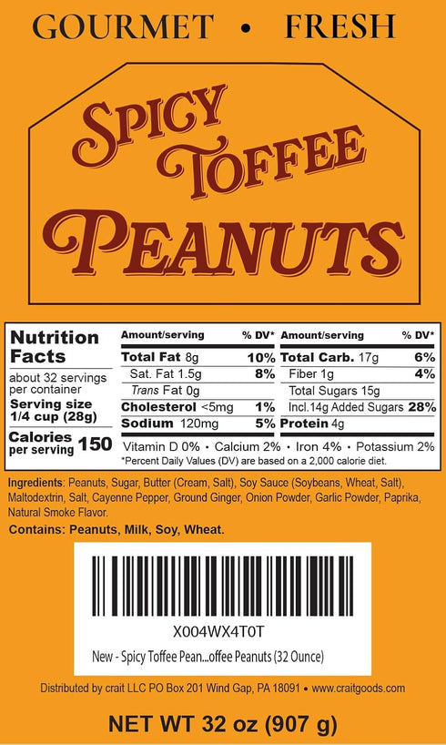 32 Spicy Toffee Peanuts, Cayenne Coated Butter Toffee Peanuts, Sweet and Spicy Snack Resealable Ounce