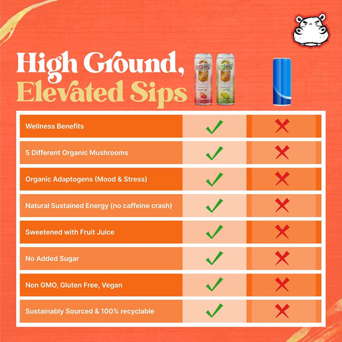 12oz 6 Pack High Ground Elixir Mushroom Seltzer Strawberry Peach | Lions Mane for Focus, Reishi for Stress, Cordyceps