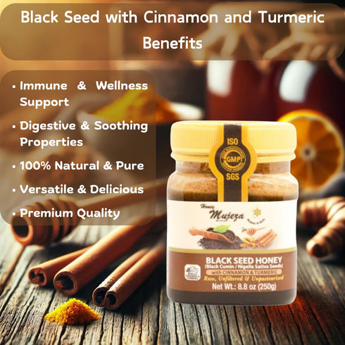 Immune 100% 500g 17.6oz Black Seed Honey with Cinnamon and Turmeric - Not Mixed with Oil or Powder - Gluten Free - Non