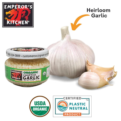4.5 oz Emperor's Kitchen Organic Chopped Garlic, USDA Certified Organic, Vegan, Ready to Use, jar