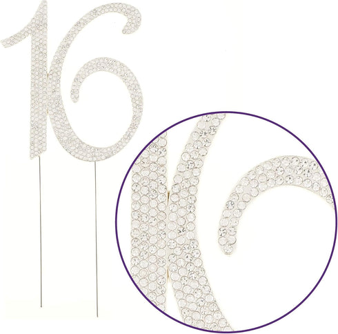 Celebration 16 Cake Topper for 16th Birthday Sweet 16 Party Supplies Decoration Ideas - Silver Rhinestone Number