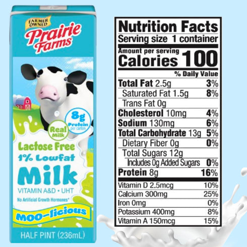 Prairie Farms Dairy 1% 8oz. (27 Pack) Prairie Farms Lactose Free Milk, Shelf Stable Low Fat Milk Boxes Vitamin D