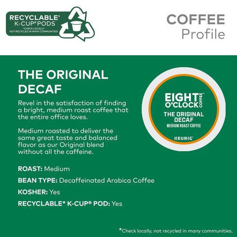 60 Count Eight O'Clock Coffee The Original Decaf, Single-Serve Keurig K-Cup Pods, Medium Roast Coffee Pods