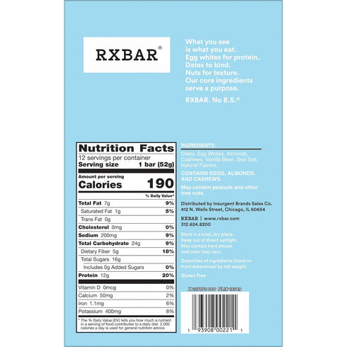 22oz (12 Count) RXBAR Protein Bars, Protein Snack, Snack Bars, Vanilla Almond, Box