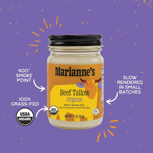 100% Mariannes Organic Beef Tallow: Grass-Fed Cooking Fat for Roasting, Frying & High-Heat Cooking, Rich Savory Flavor