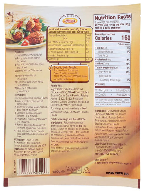 6.3 oz 30 Osem Falafel Mix, Just Add Water! Delicious Israeli Snack! Makes Balls!