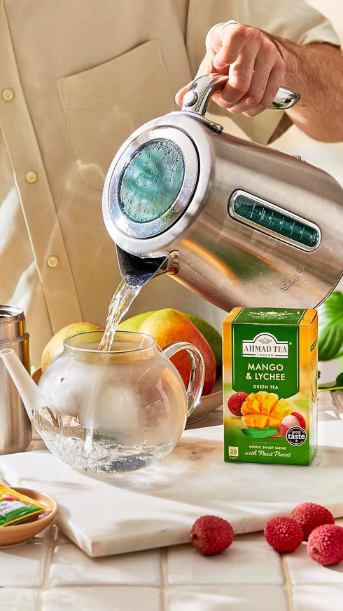 20 Count, Pack 6 Ahmad Tea Mango & Lychee Flavored Green Tea with Fruit Pieces