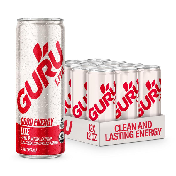 GURU Lite Organic Energy Drinks, Clean Energy Drink with Plant Based Natural