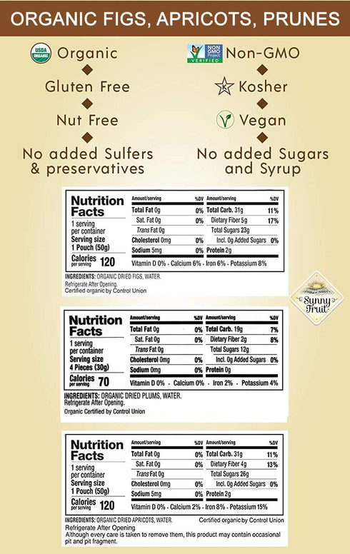 3 (15 Packs) Sunny Fruit Organic Dried Fruit Assortment - Prunes, Figs & Apricots Variety, Bags Individual Portion | No