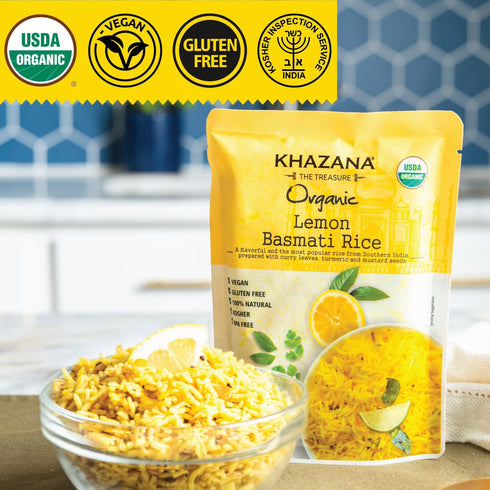 (Pack 6, 8.8oz) 90 Khazana Authentic Lemon Ready To Heat Basmati Rice of | Non-GMO, Vegan, Gluten Free & Kosher |