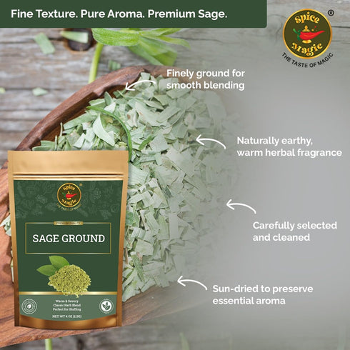4 oz (113g)- Spice Magic Ground Sage, Premium Ground Herb for Savory Dishes, Perfect for Stuffing, Sausages, Poultry